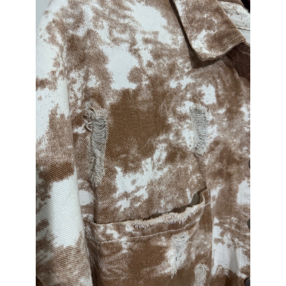 POL Womens Brown Tie Dye Distressed Denim Shacket Oversized Shirt Jacket Large - Picture 3 of 13
